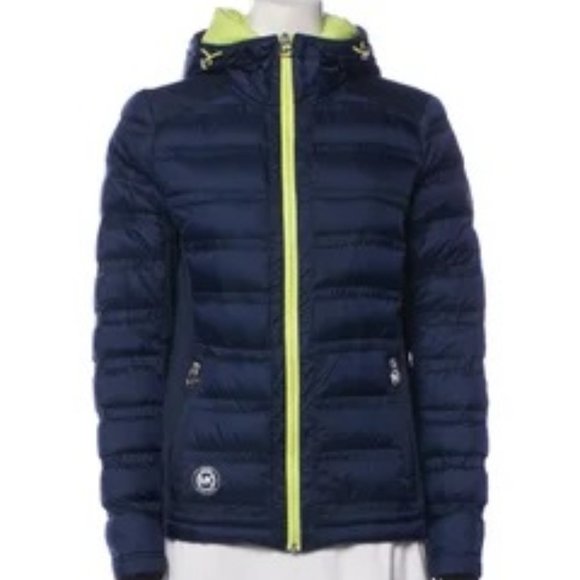 MICHAEL Michael Kors Jackets & Blazers - Michael Michael Kors Navy with Lime Trim Down Hooded Puffer Jacket
